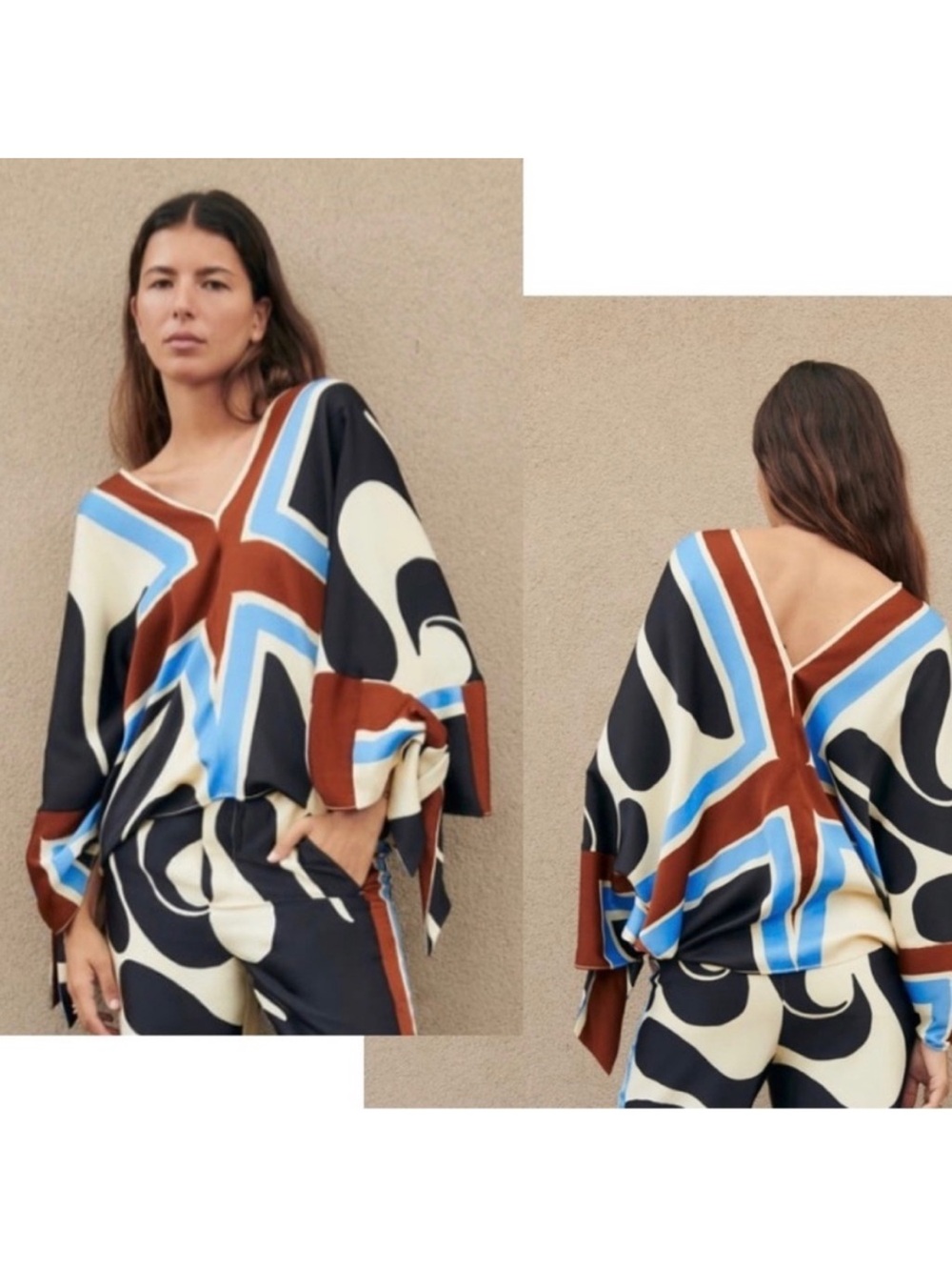 As Seen On Sweet Magnolias! Zara Printed Blouse w/Ties Ecru Multicolor V-Neck XL - Picture 2 of 13
